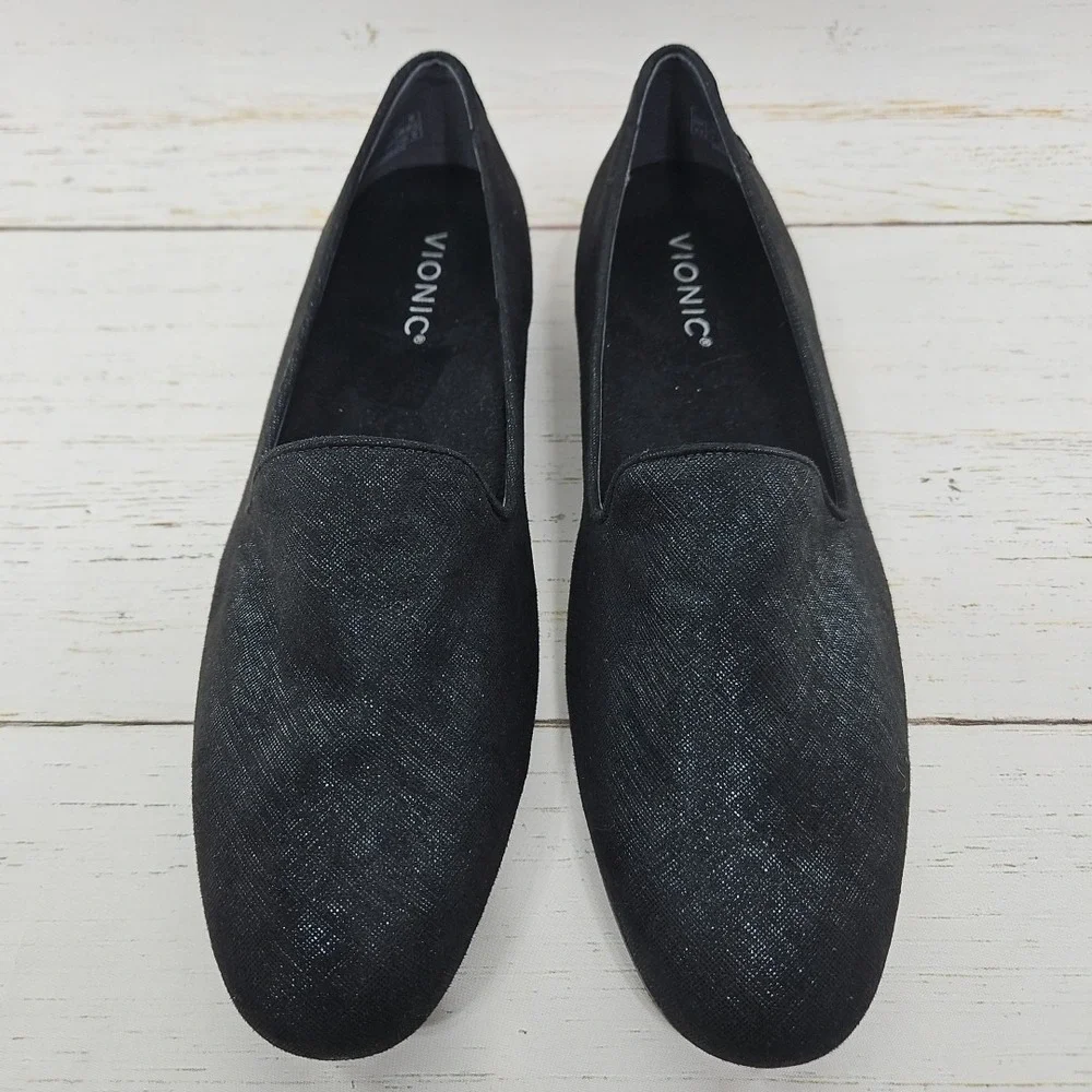 Vionic Willa II Womens Size 9.5 Black Sparkle Leather Comfort Loafers Flat Shoes